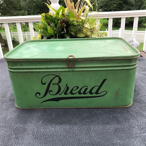 metal old green bread box with flour sugar tea set|Vintage Metal Flour Sugar Box .